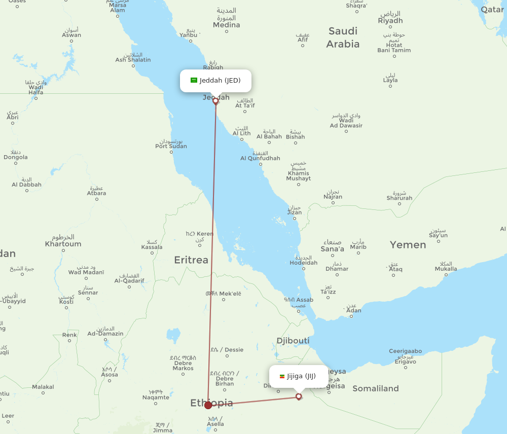 JED to JIJ flights and routes map
