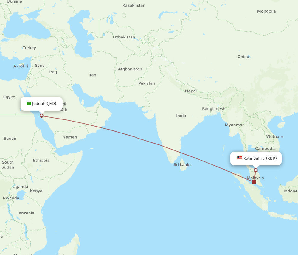 JED to KBR flights and routes map