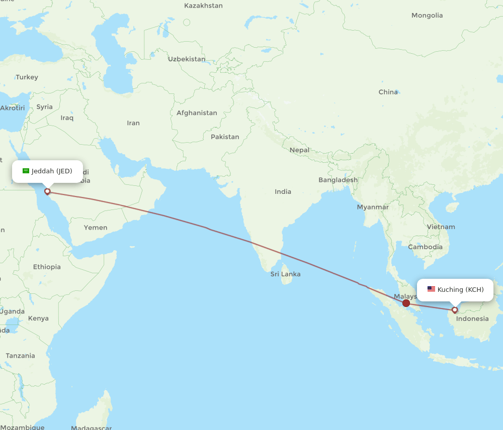 JED to KCH flights and routes map