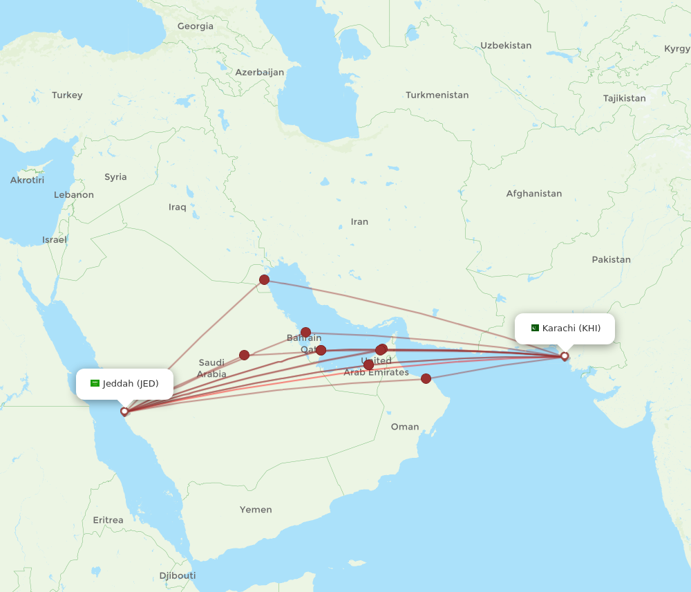JED to KHI flights and routes map