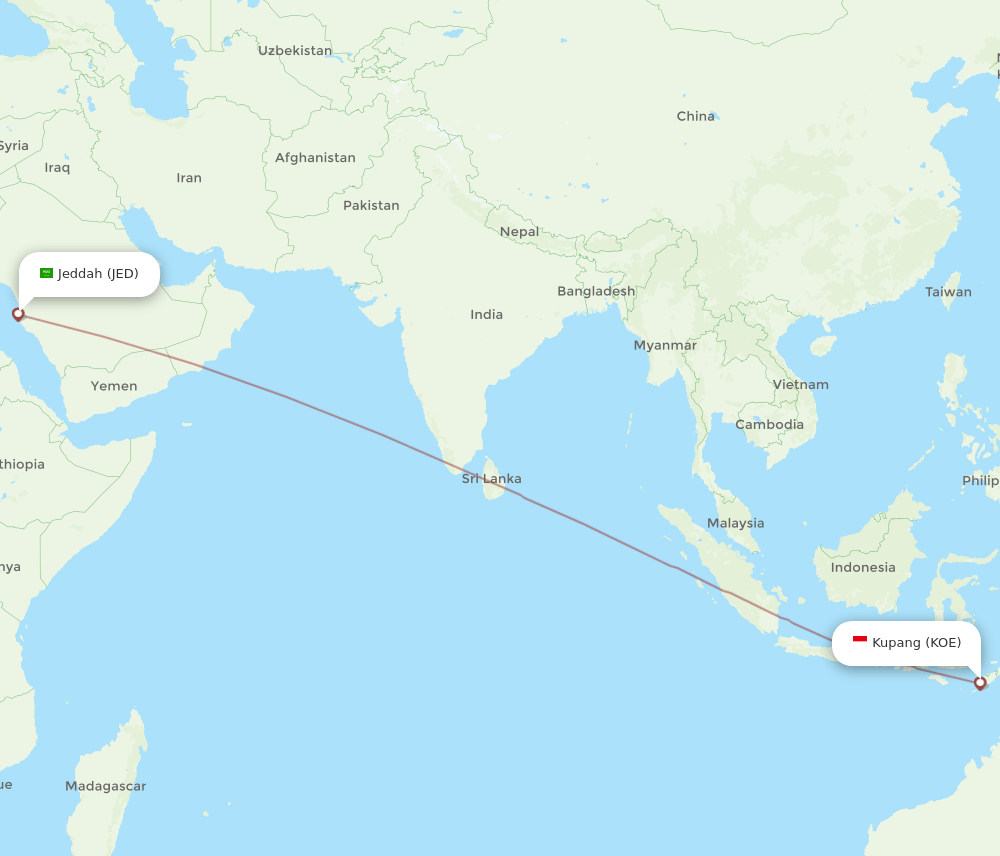 JED to KOE flights and routes map