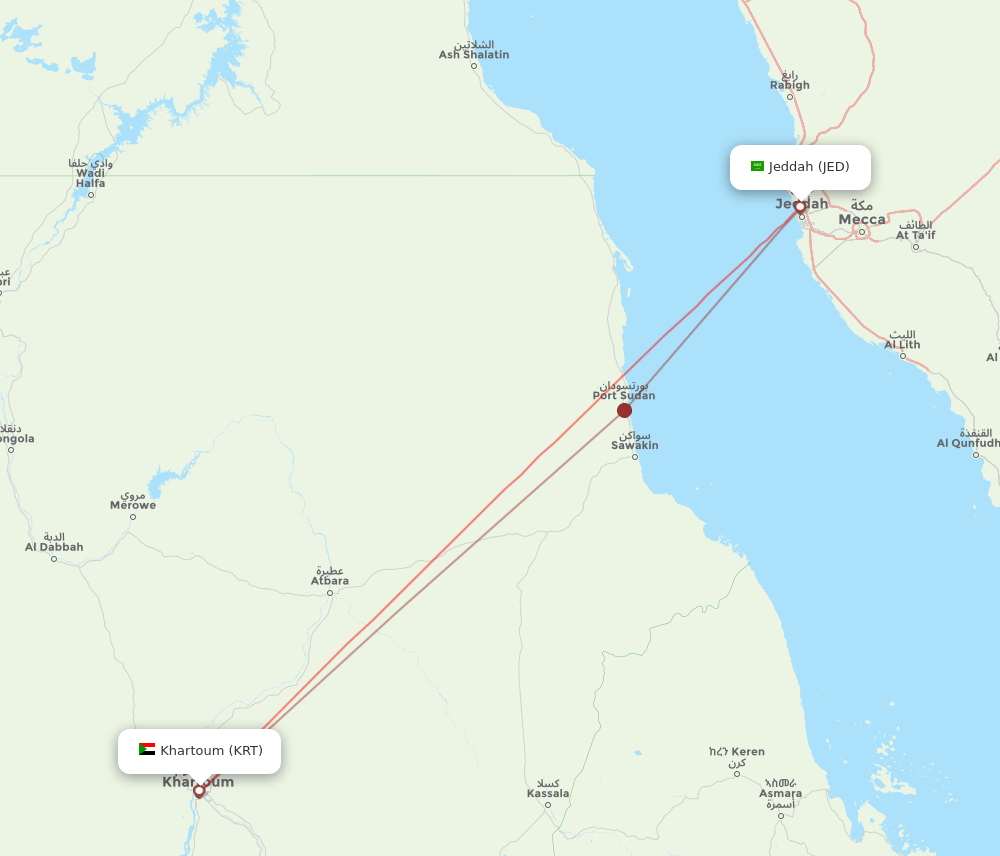 Jeddah - Khartoum route map and flight paths