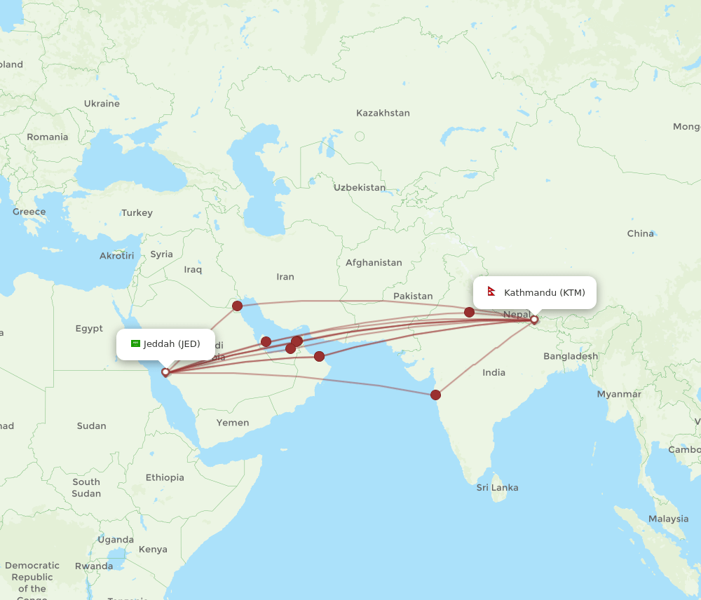 JED-KTM flight routes