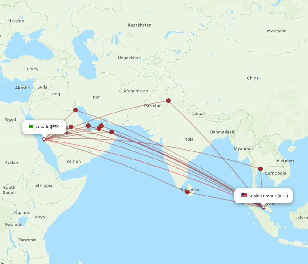 JED to KUL flights and routes map