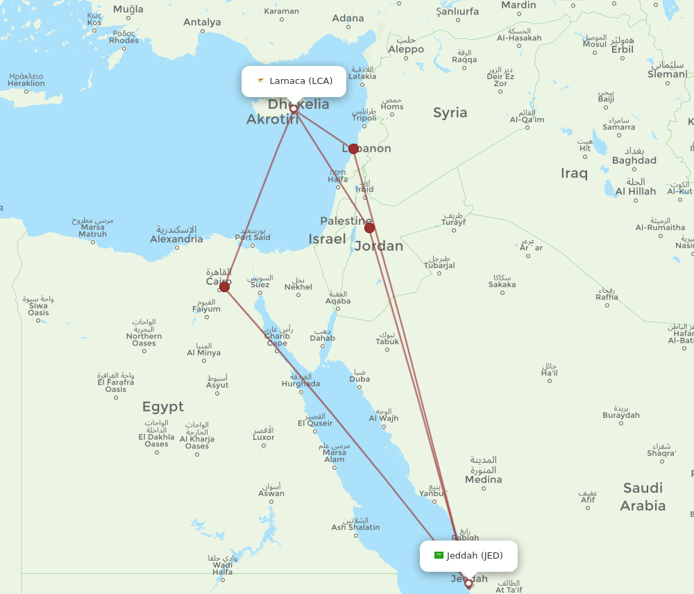 JED to LCA flights and routes map