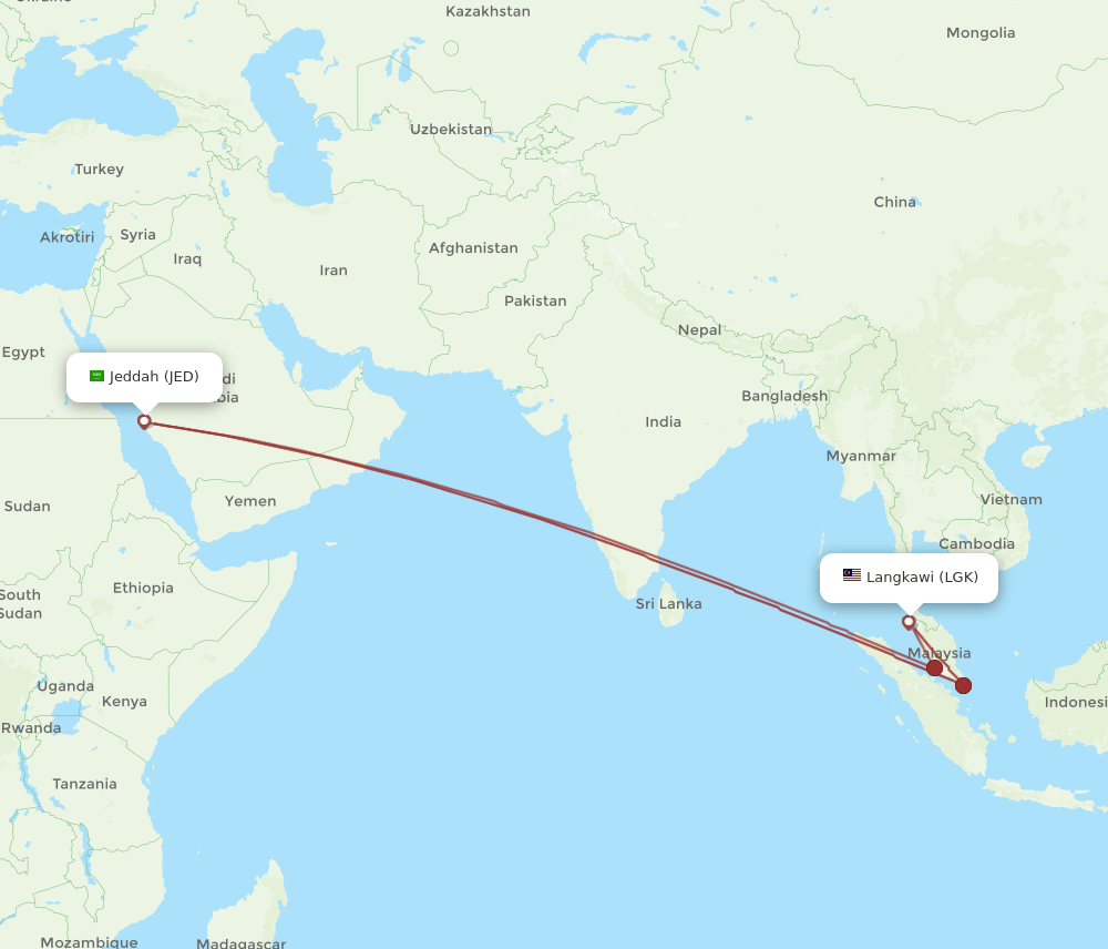 JED to LGK flights and routes map