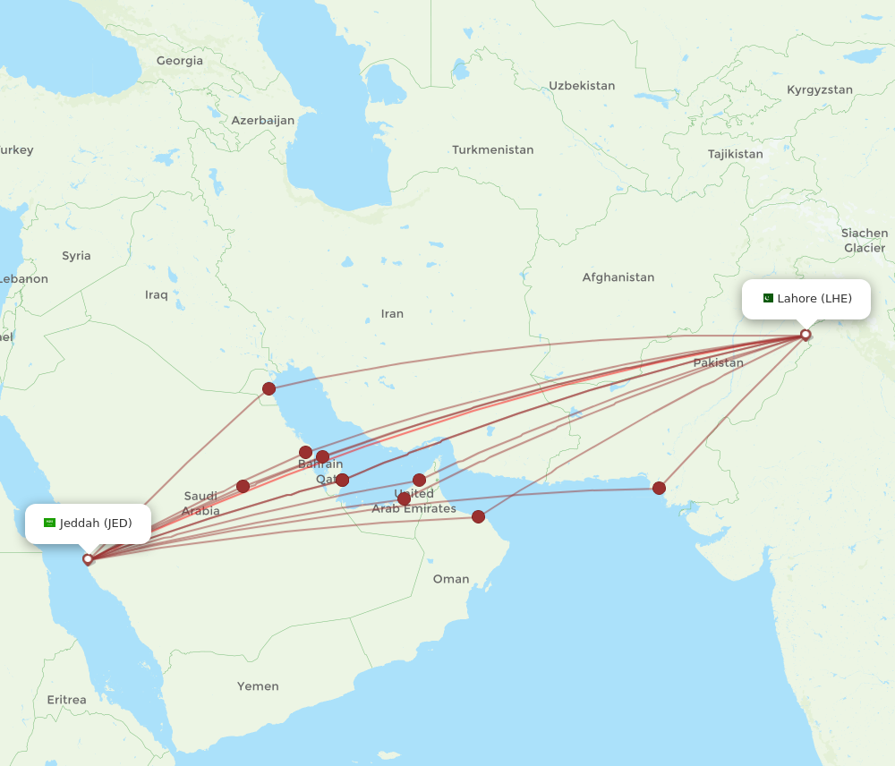 JED to LHE flights and routes map