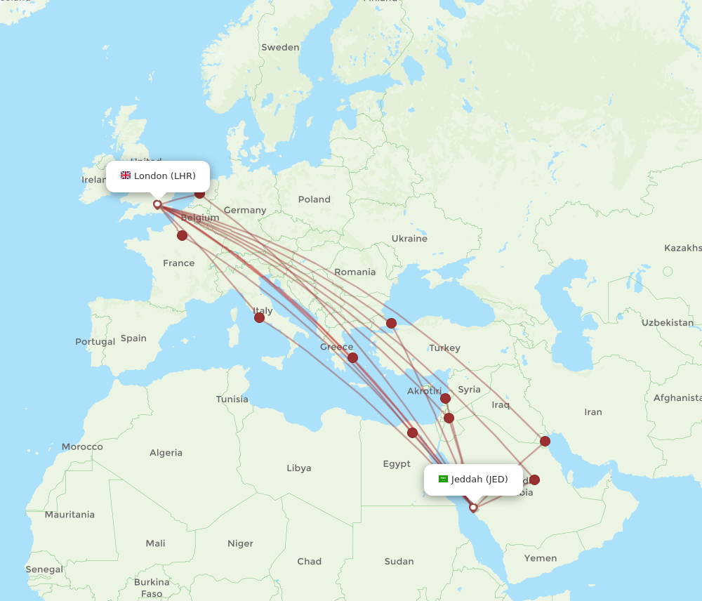 JED to LHR flights and routes map