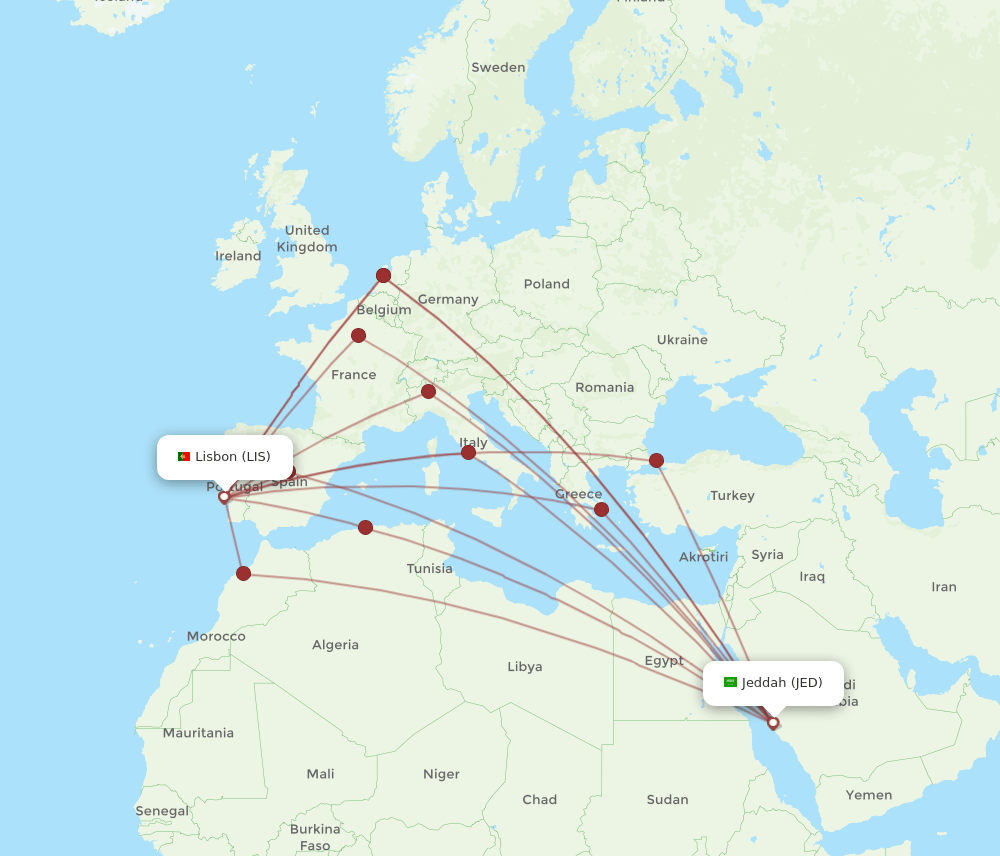 JED-LIS flight routes