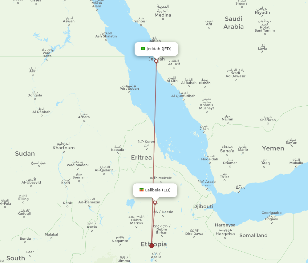 JED to LLI flights and routes map