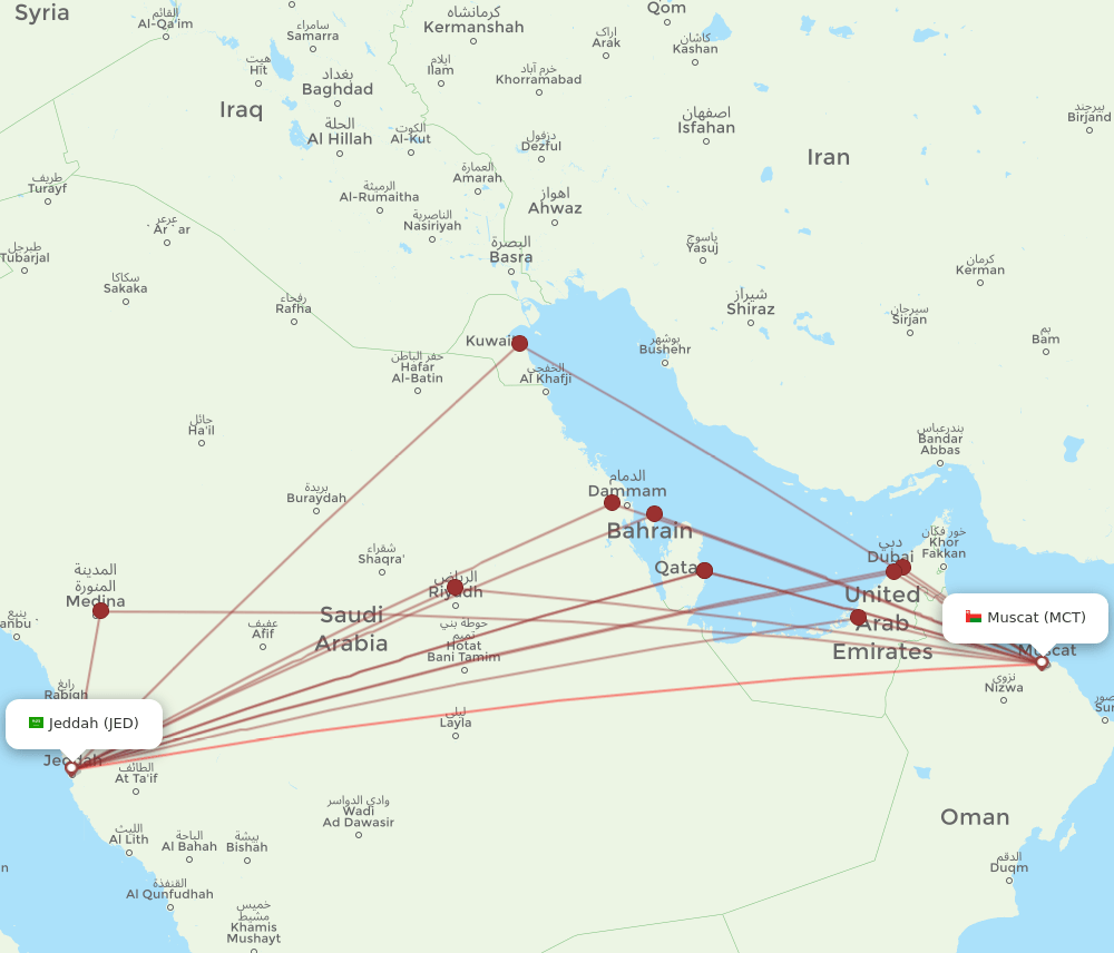 JED to MCT flights and routes map