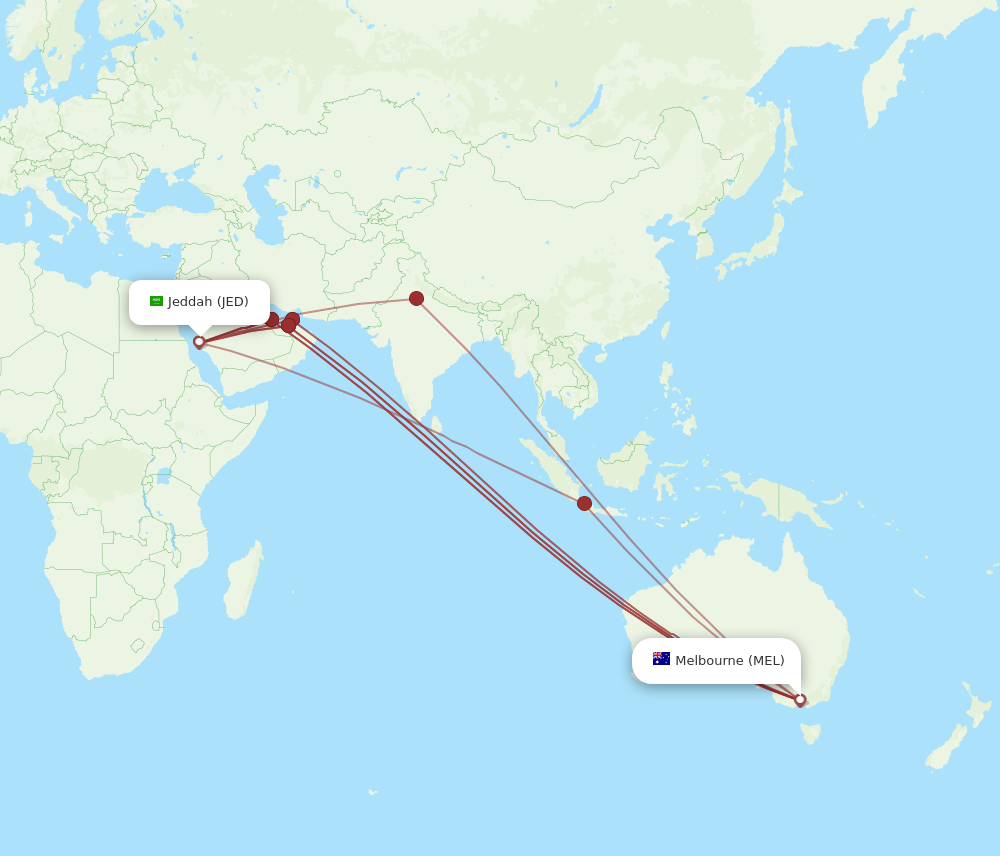 JED to MEL flights and routes map