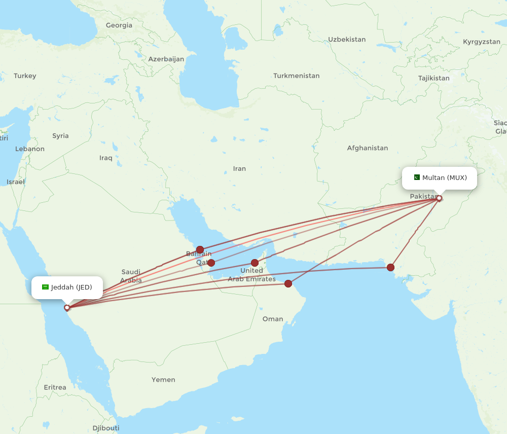 JED to MUX flights and routes map