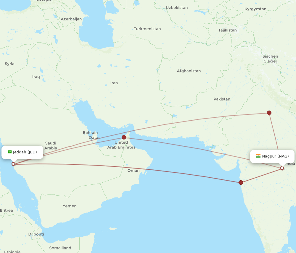 JED to NAG flights and routes map