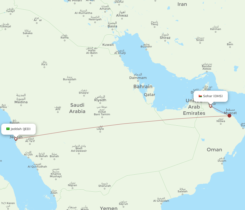 Jeddah - Sohar route map and flight paths