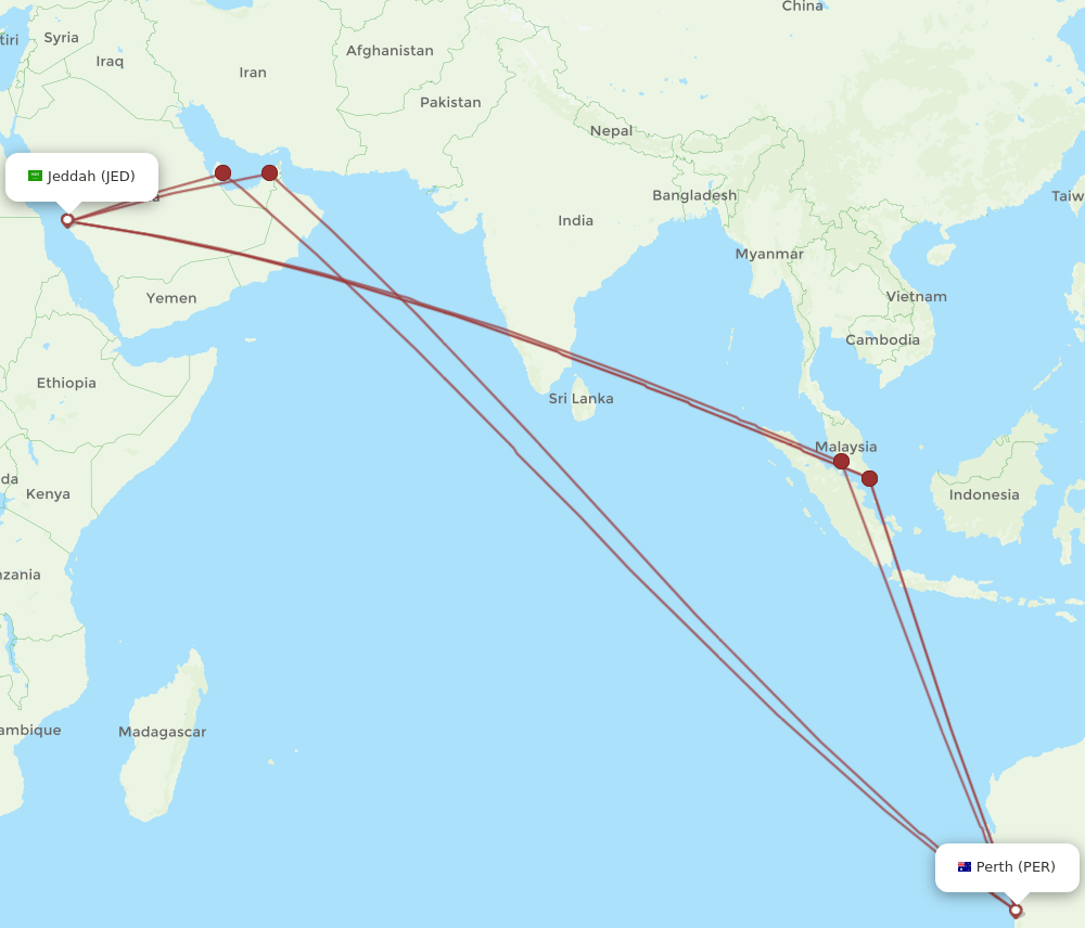 JED-PER flight routes