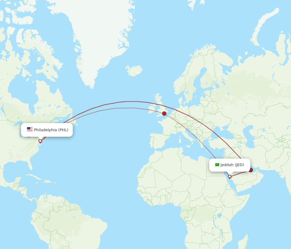 JED to PHL flights and routes map
