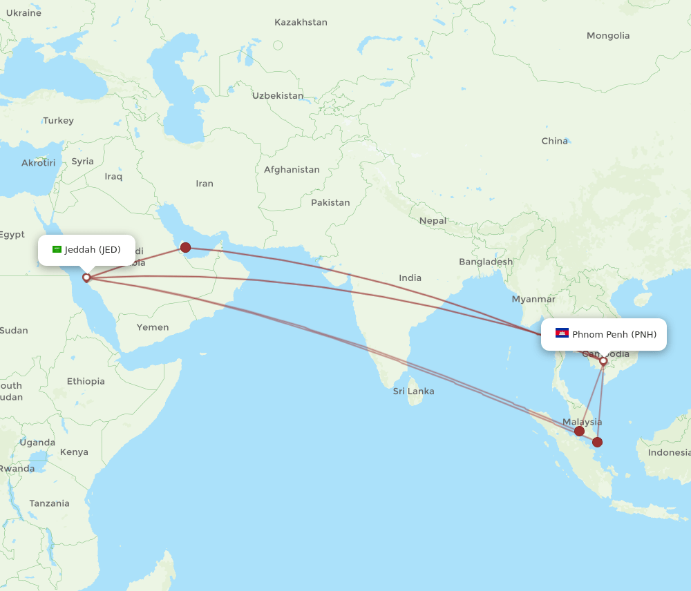 JED to PNH flights and routes map