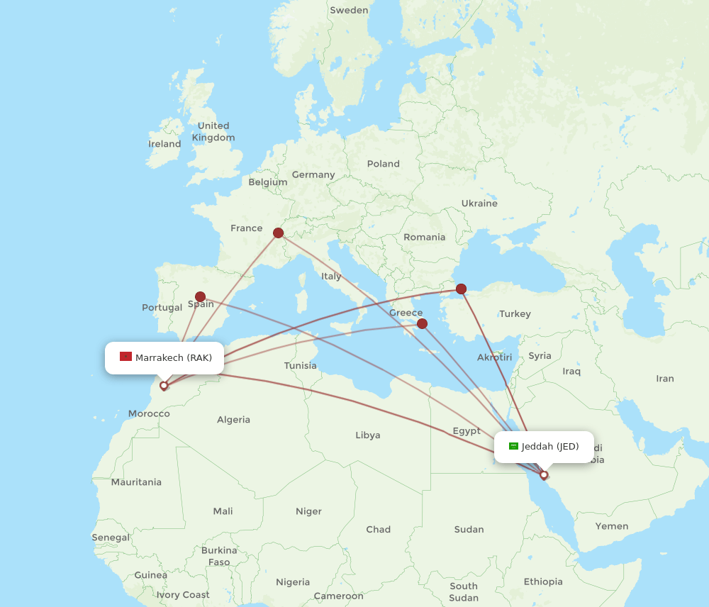 JED-RAK flight routes