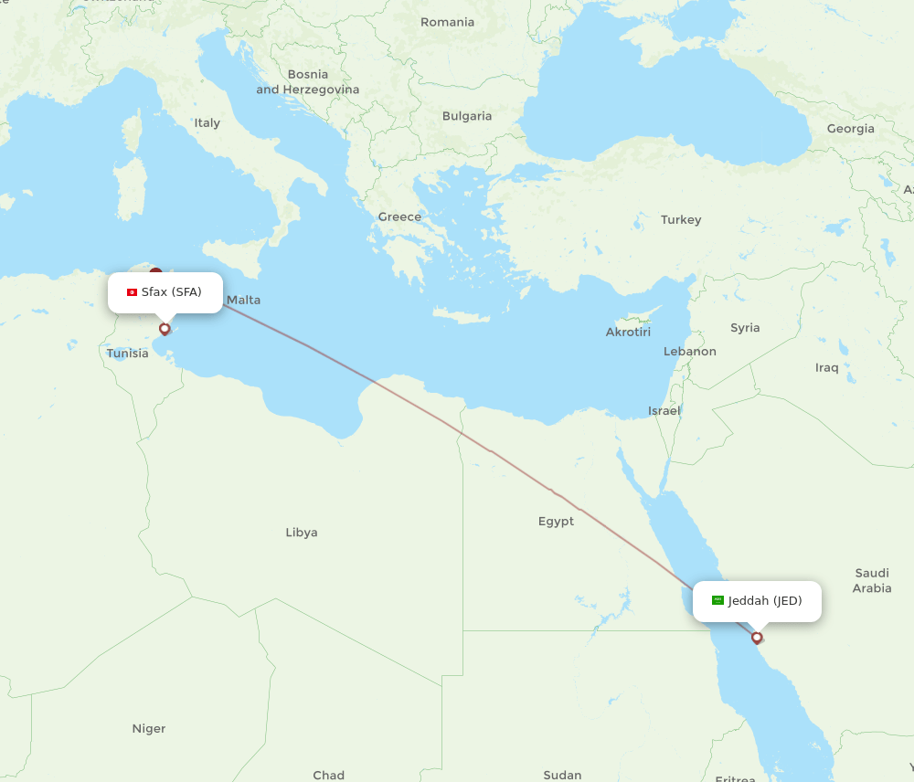 Jeddah - Sfax route map and flight paths