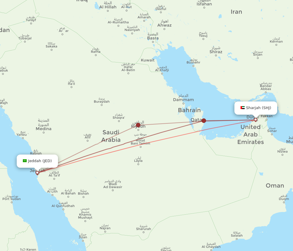 JED to SHJ flights and routes map