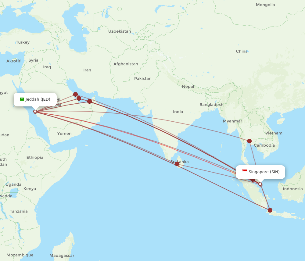 JED to SIN flights and routes map
