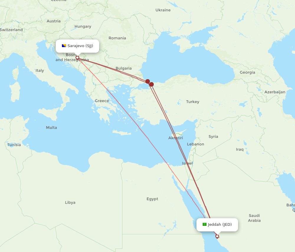 JED-SJJ flight routes