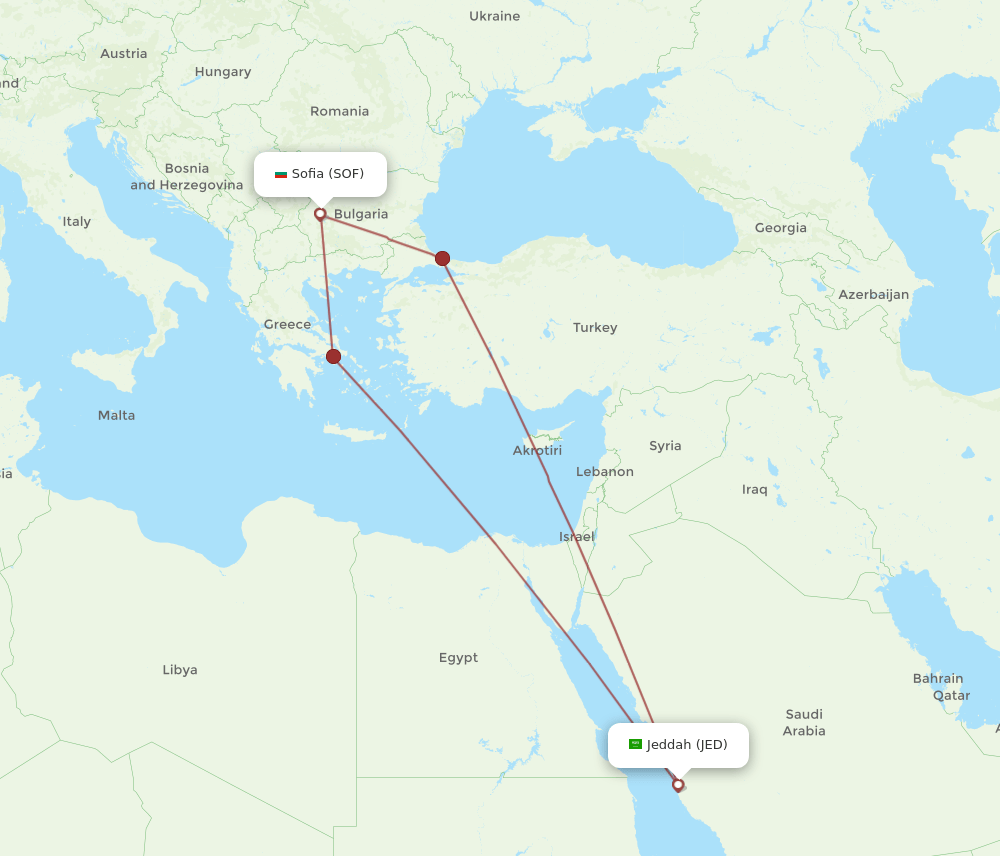 JED to SOF flights and routes map