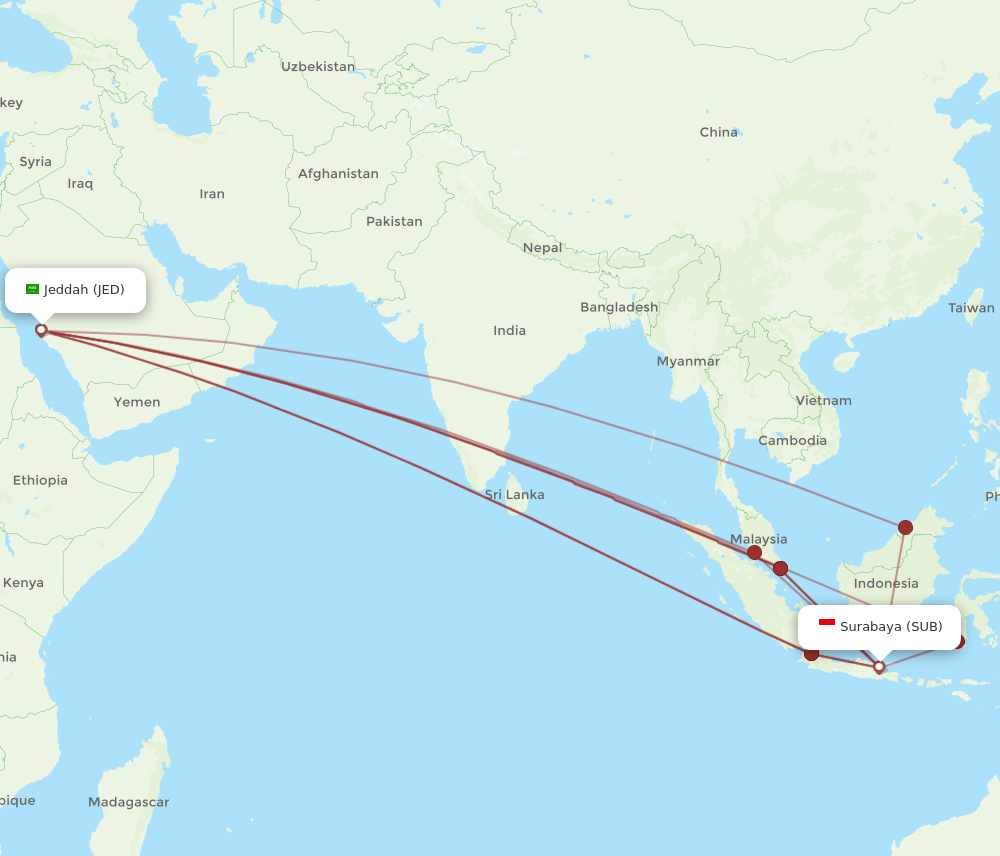 JED to SUB flights and routes map
