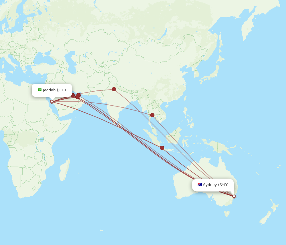 JED to SYD flights and routes map