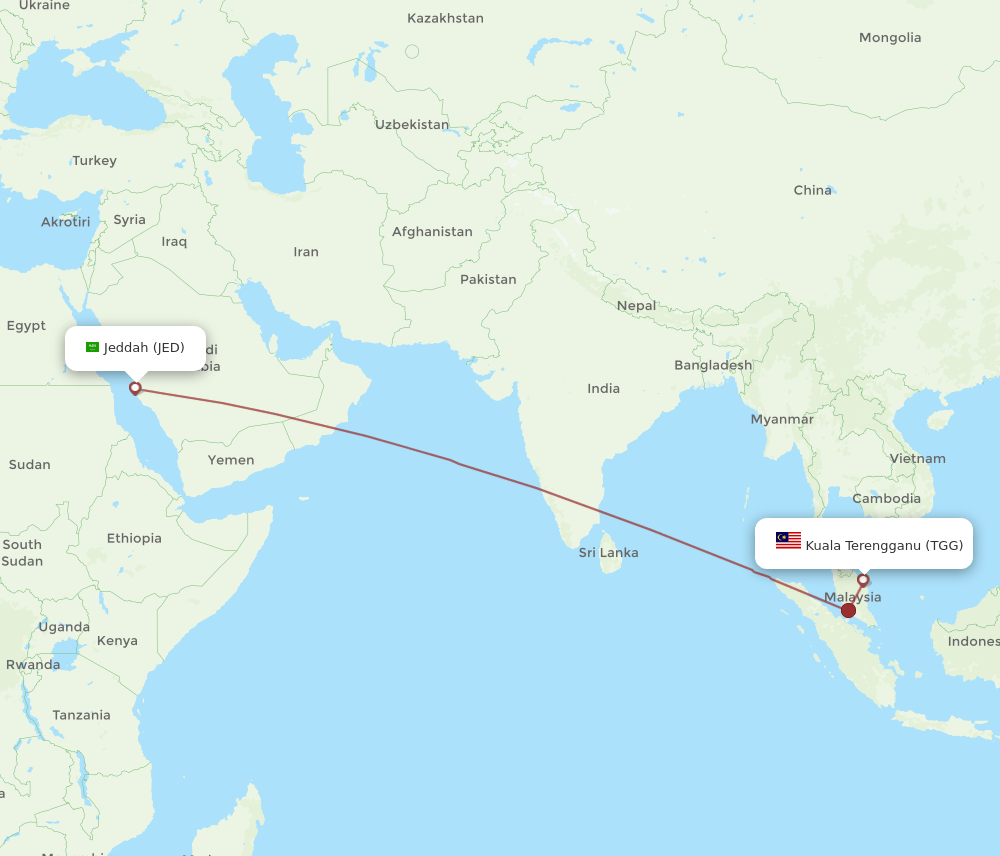JED-TGG flight routes