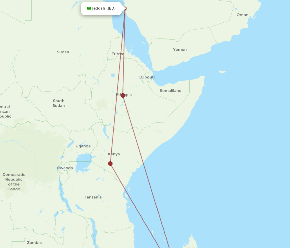JED to TNR flights and routes map