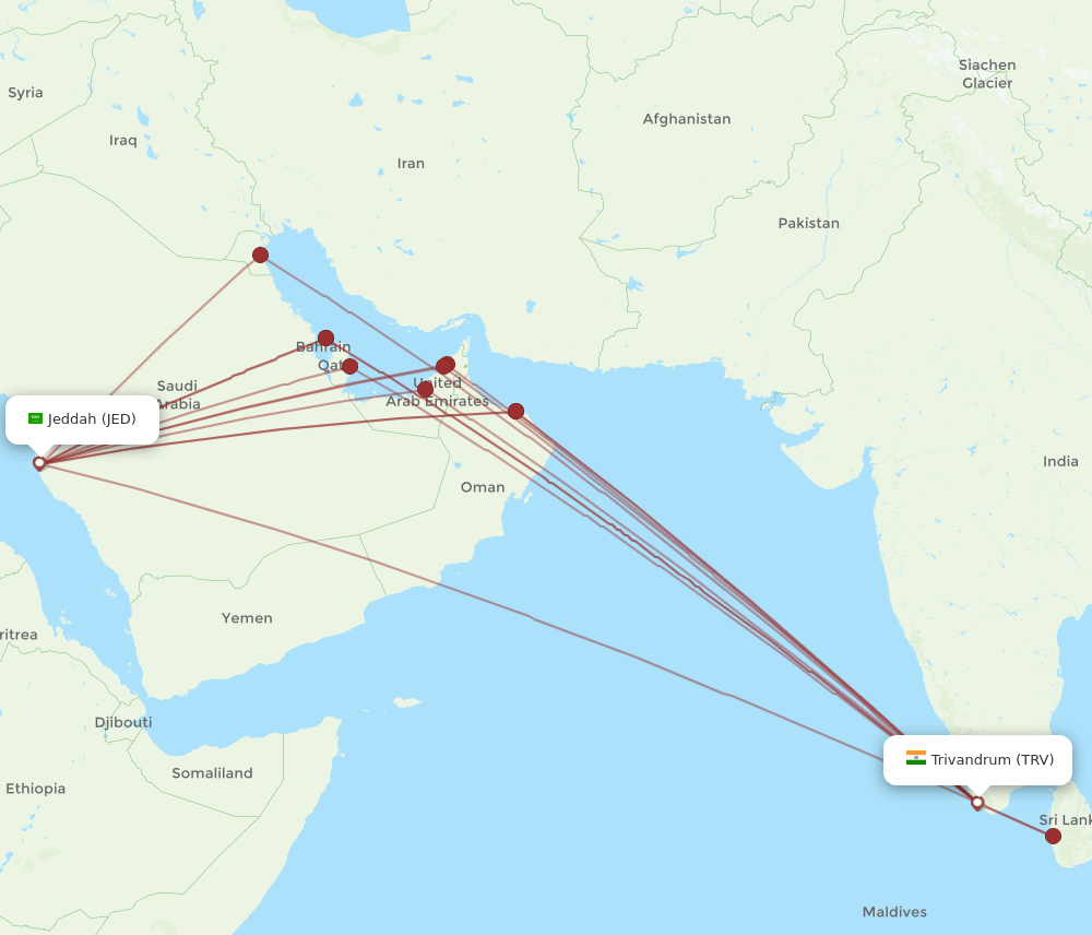 JED to TRV flights and routes map