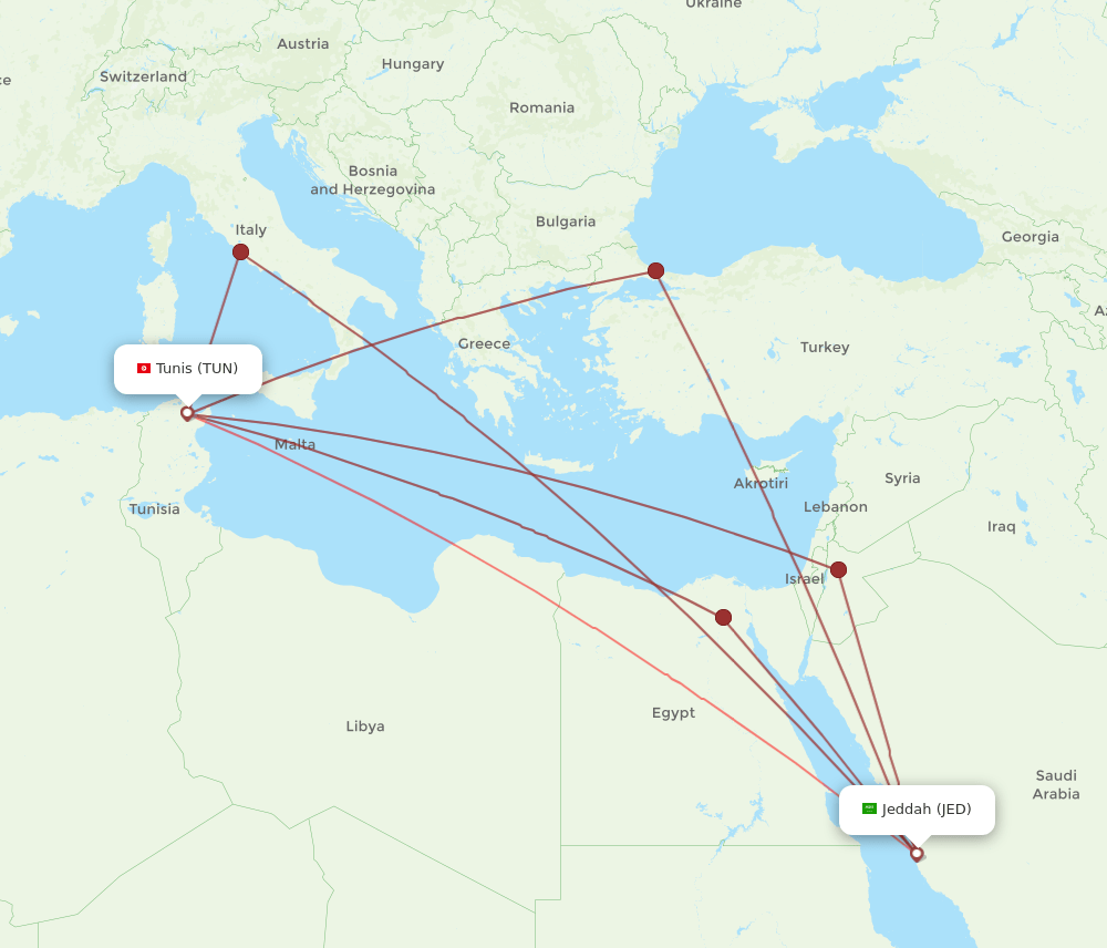 JED to TUN flights and routes map