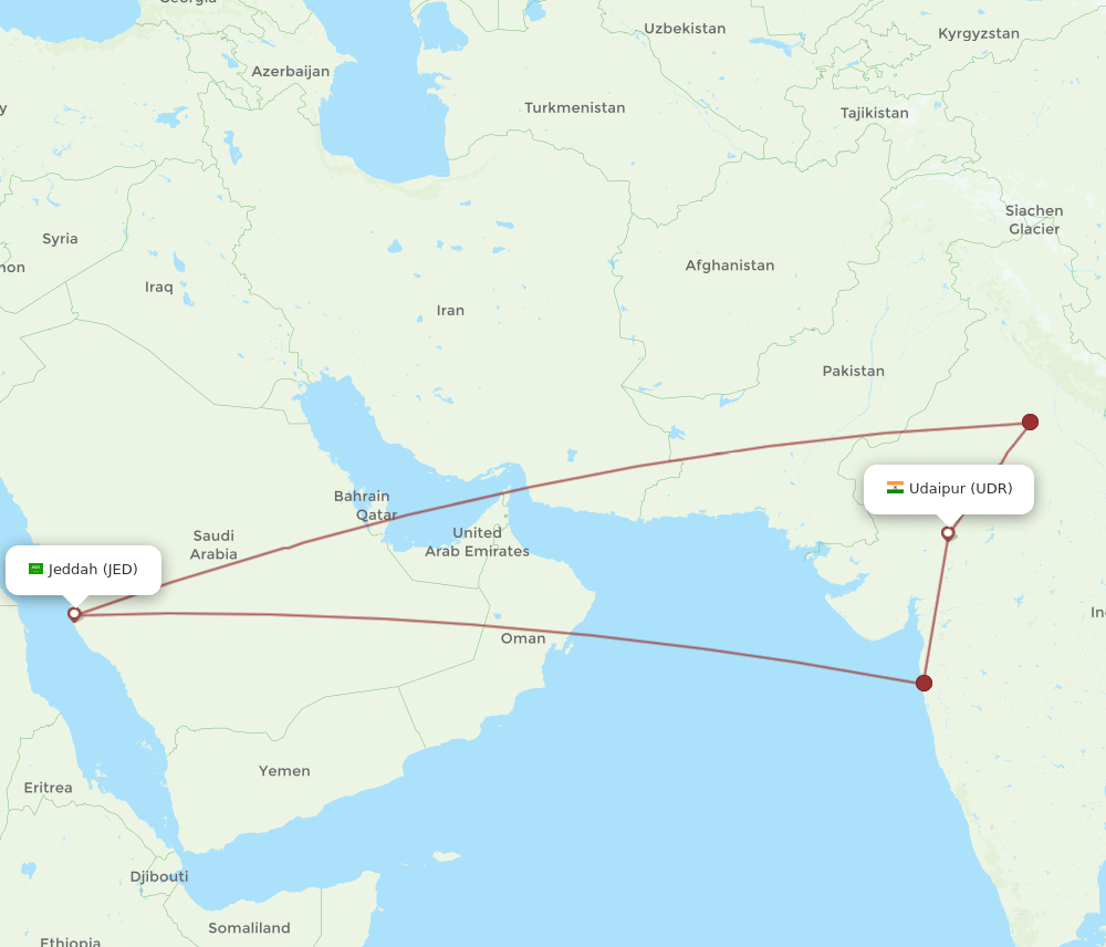 JED-UDR flight routes