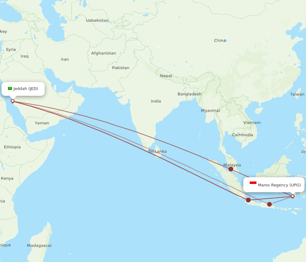 JED to UPG flights and routes map