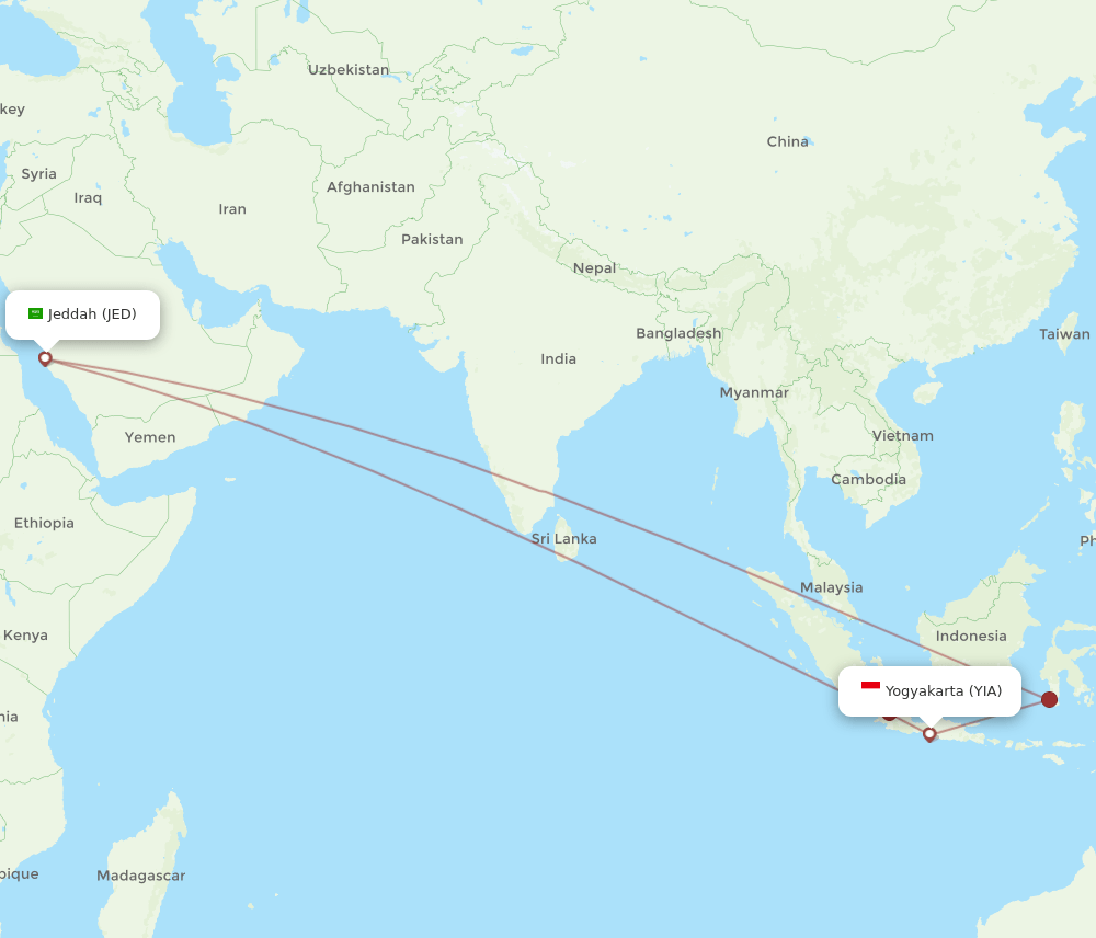 JED to YIA flights and routes map