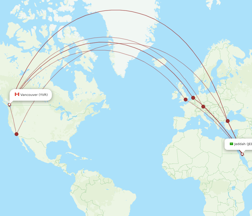 Vancouver - Jeddah route map and flight paths