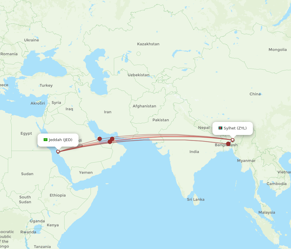 JED-ZYL flight routes