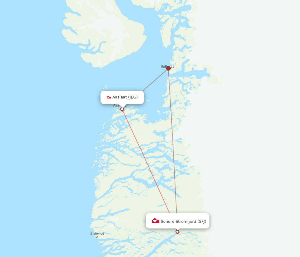 JEG to SFJ flights and routes map