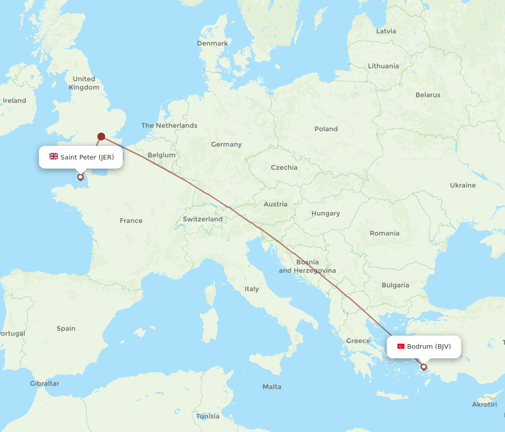 Bodrum - Jersey route map and flight paths
