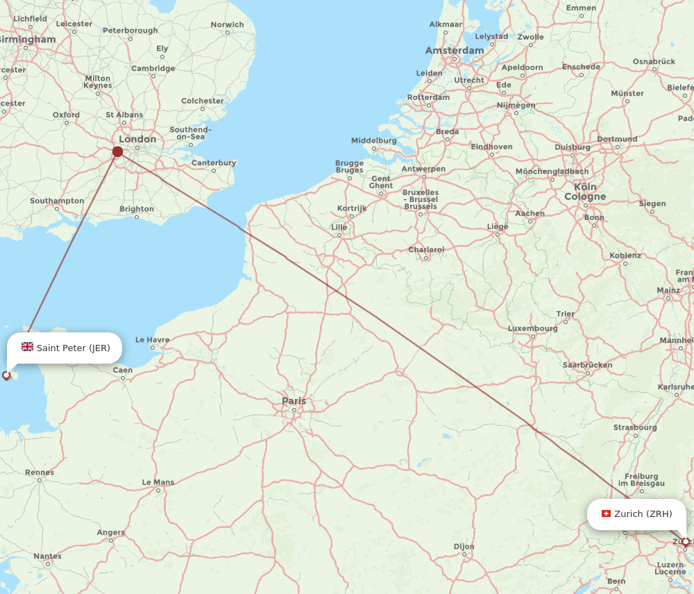 Zurich - Jersey route map and flight paths