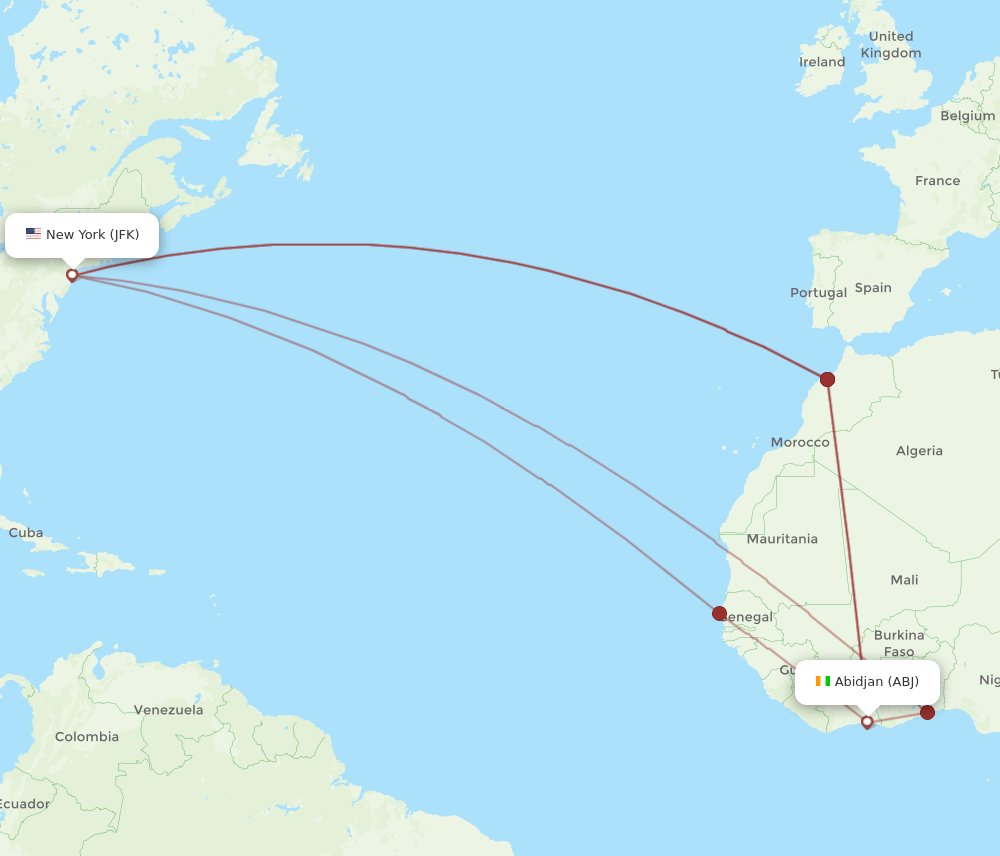 JFK to ABJ flights and routes map