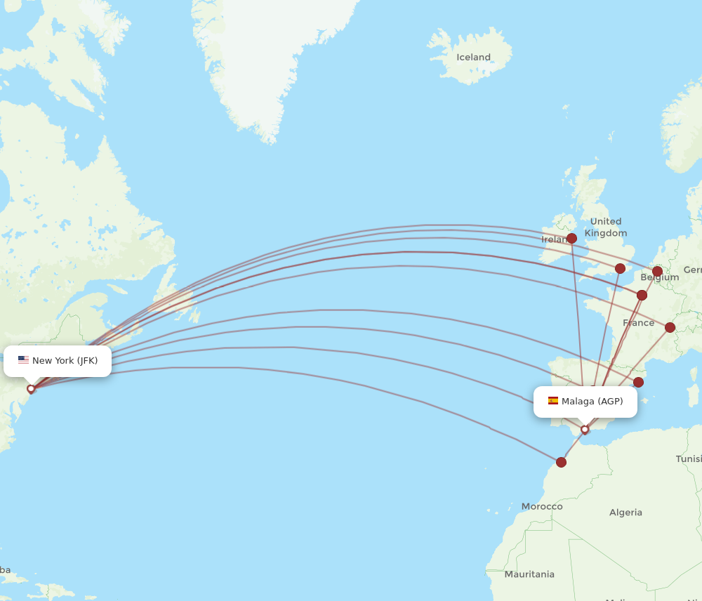 JFK to AGP flights and routes map