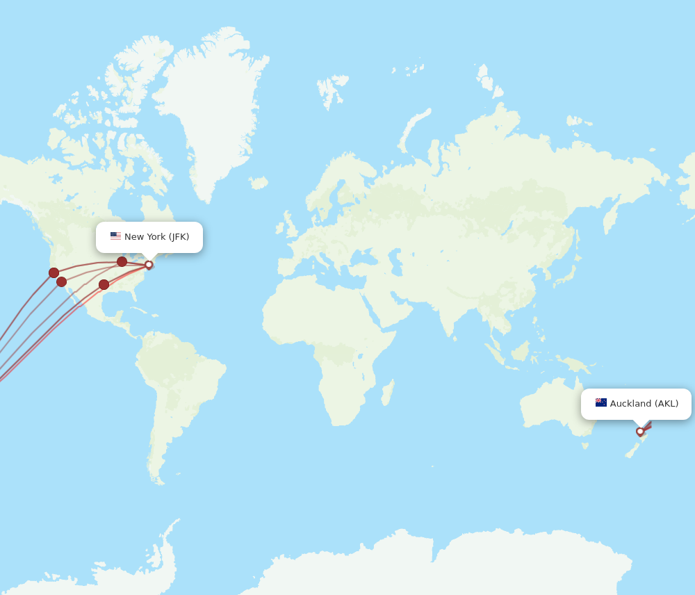 JFK to AKL flights and routes map