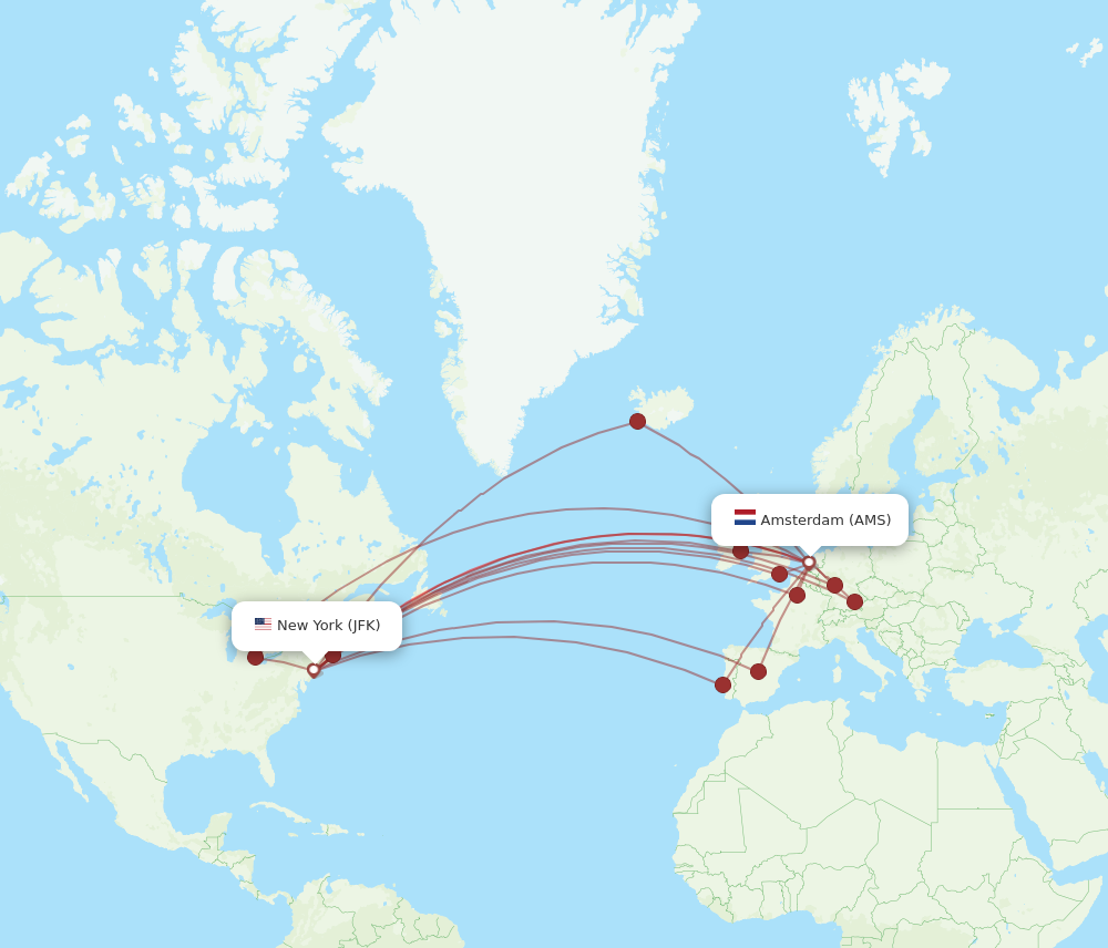 JFK to AMS flights and routes map