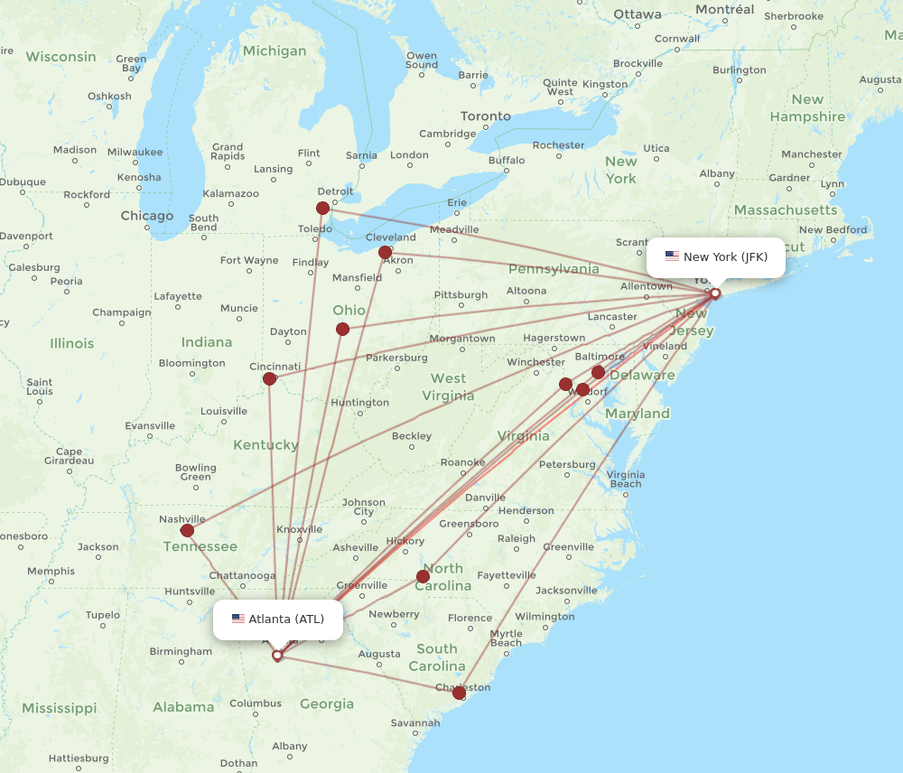 JFK to ATL flights and routes map