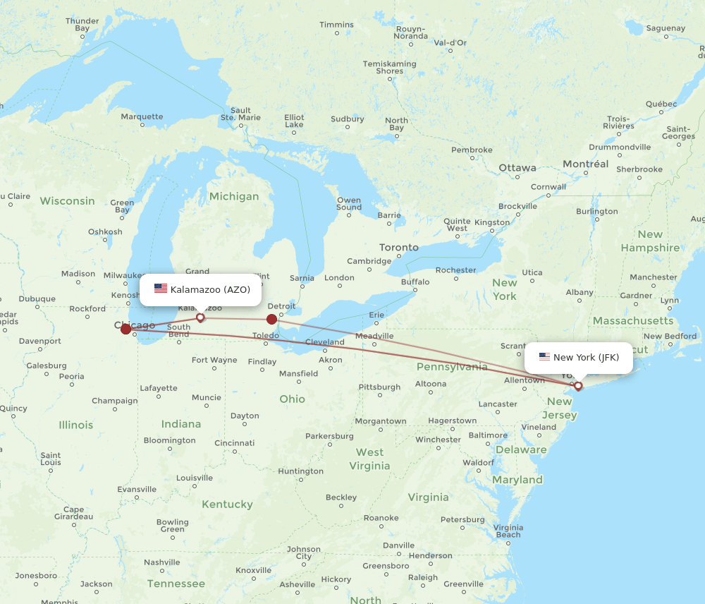 JFK to AZO flights and routes map