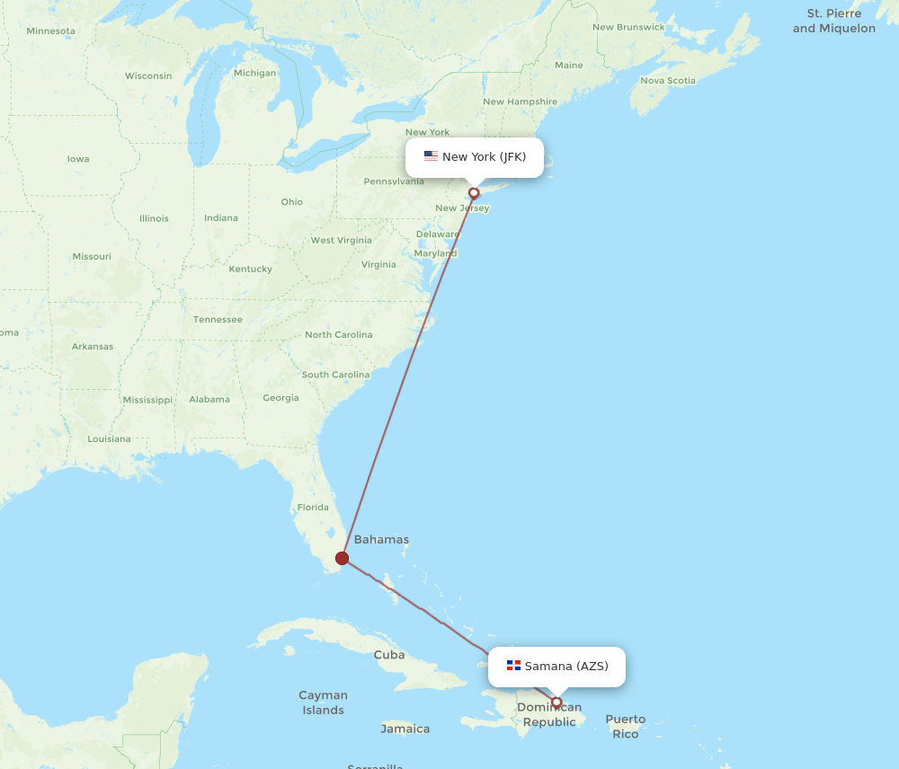 New York - El Catey/Samana route map and flight paths