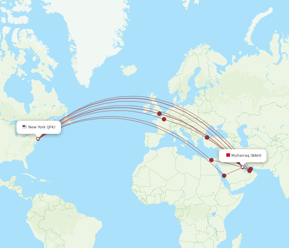 JFK to BAH flights and routes map